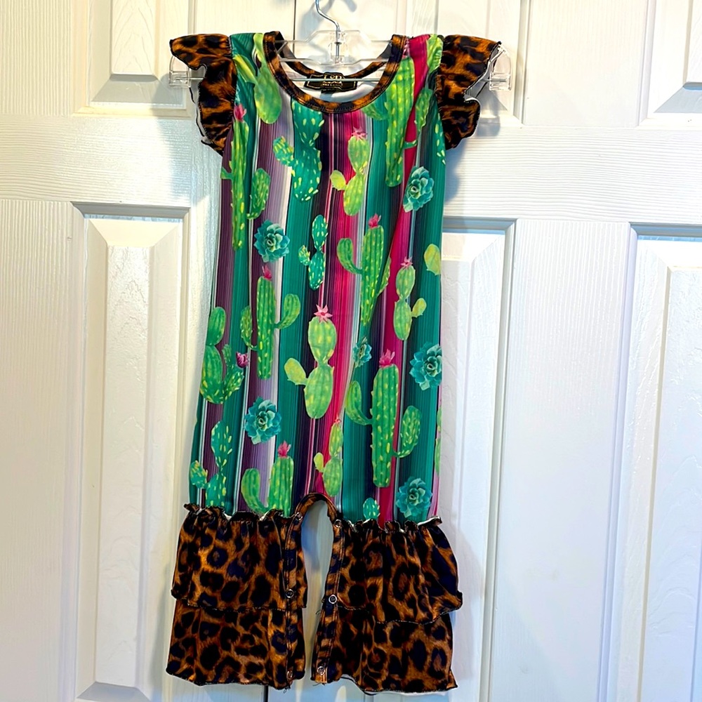 Toddler Girl  New 2t/3t Cactus and Leopard print ruffled Romper .